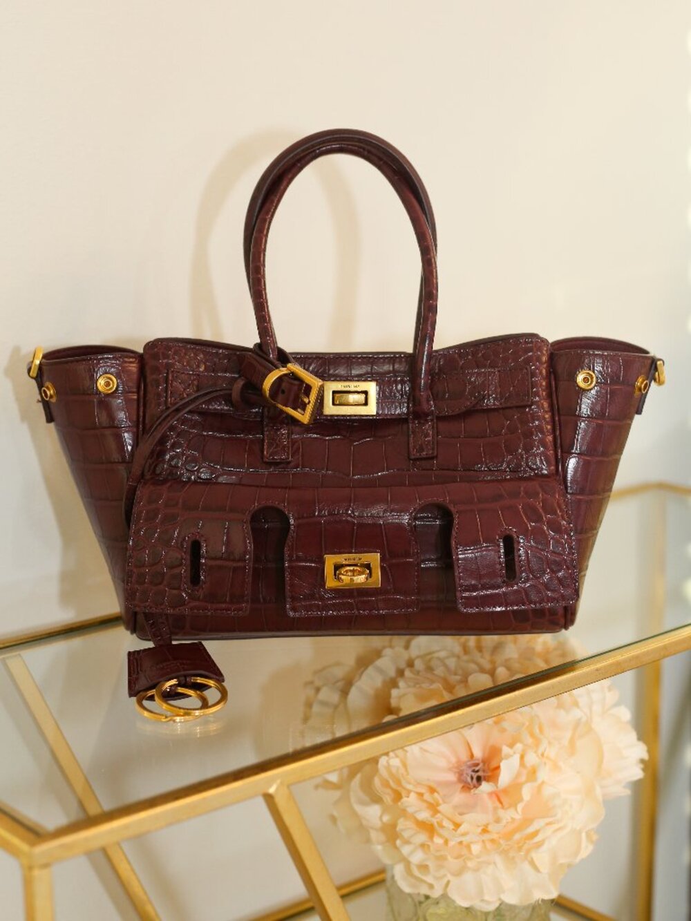 Balenciaga Bel Air Carry All Mini Handbag Croc Embossed Dark Burgundy